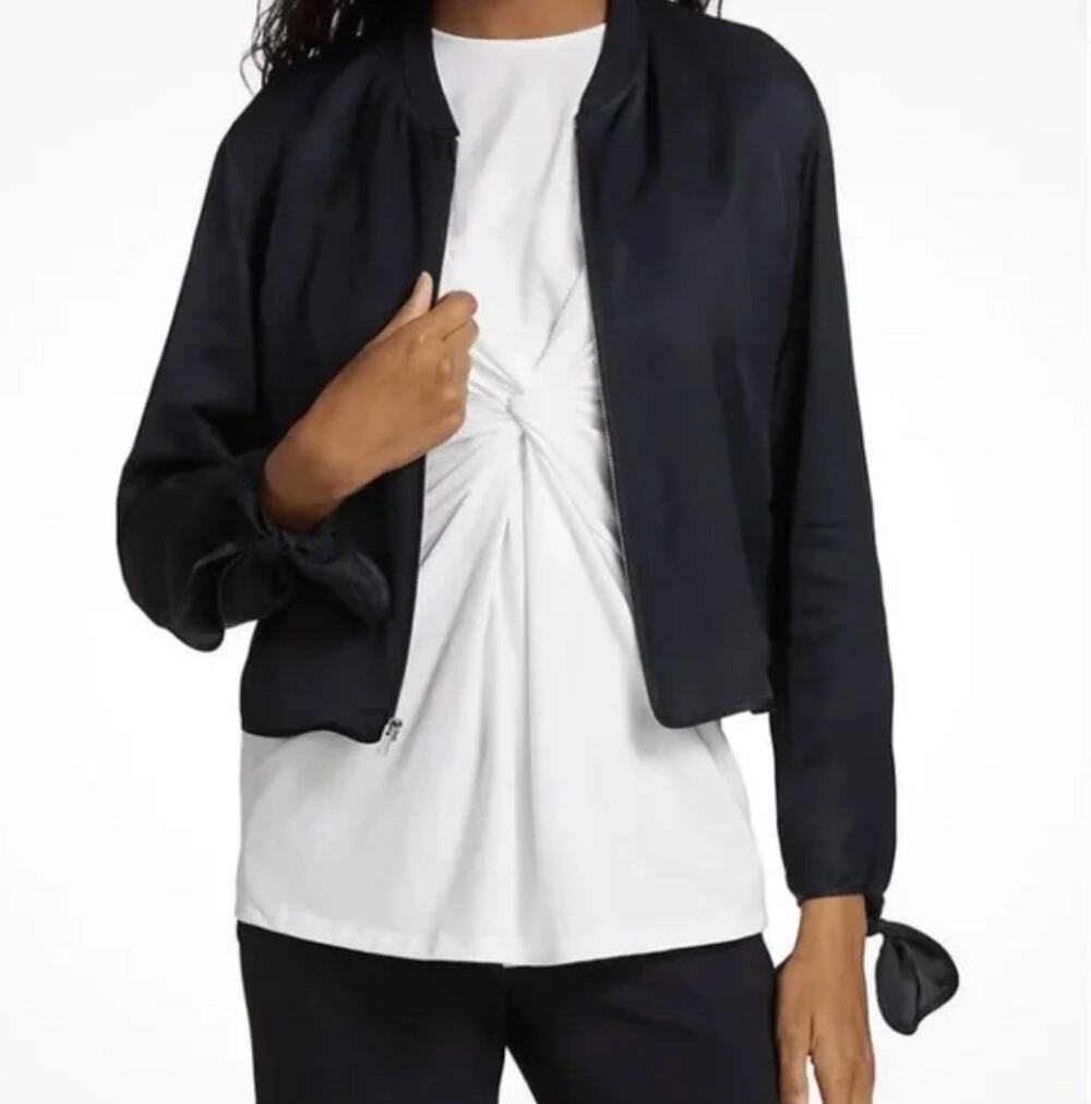 THEORY Navy Blue Tie Bomber Twill Jacket Sleeve Casual Full Zip Size Small S